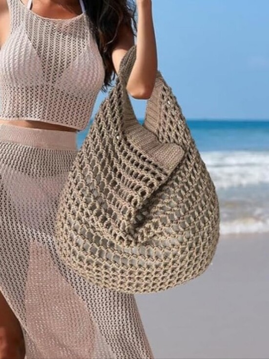Handbags - Neutral Crochet Beach Tote Bag - Stylish Summer Carryall
